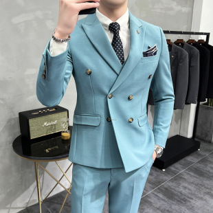 Light Green High-End Handsome Suit Men's Suit Casual Trendy Wedding Dress Groom Suit Double-Breasted Jacket