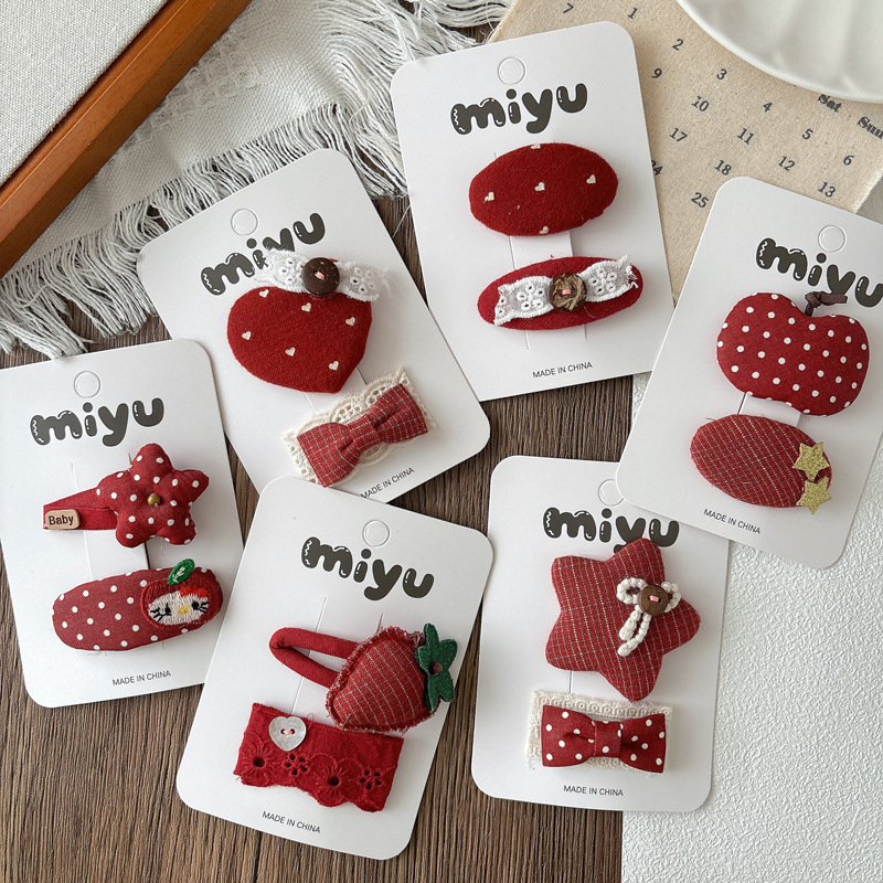 New Korean Style Sweet and Versatile New Year Red Apple Bow Bb Clip Girl Fabric Polka Dot Hairpin Hairpin