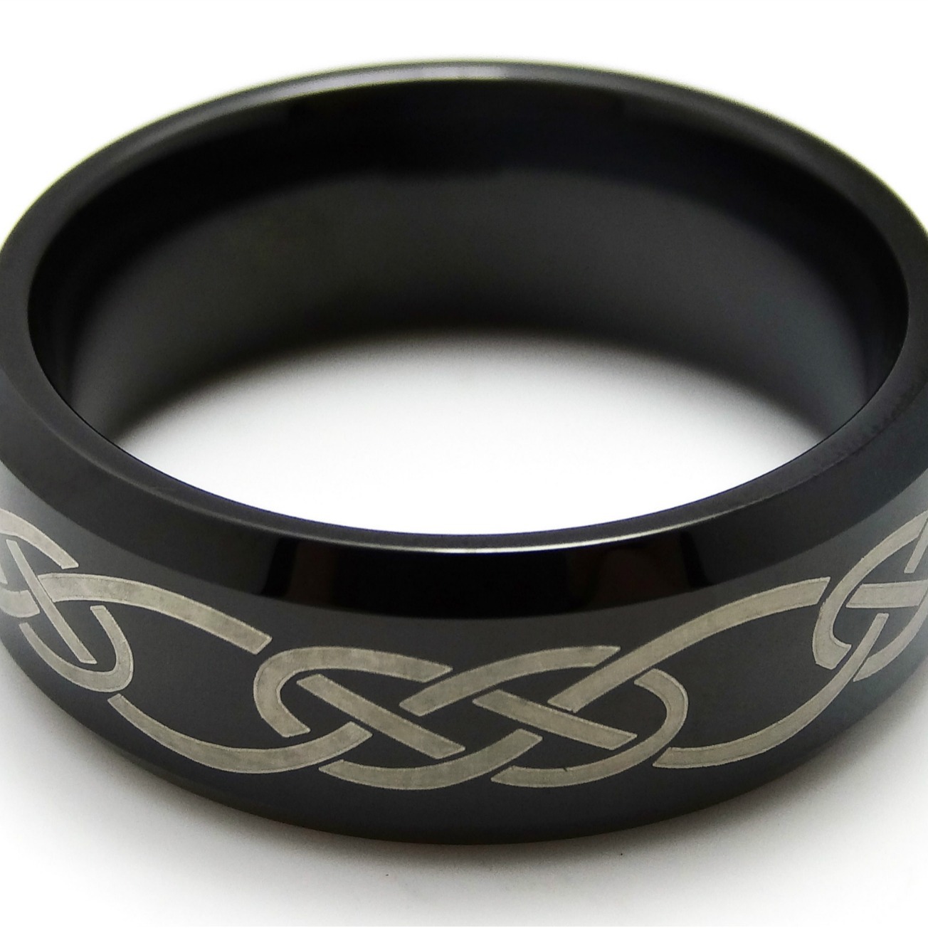 men's Stackable Rings Tungsten Steel Ring With Electro-blackened Beveled Edges And Laser-engraved Interlocking Lock Pattern, Men's Trendy_voghion.com