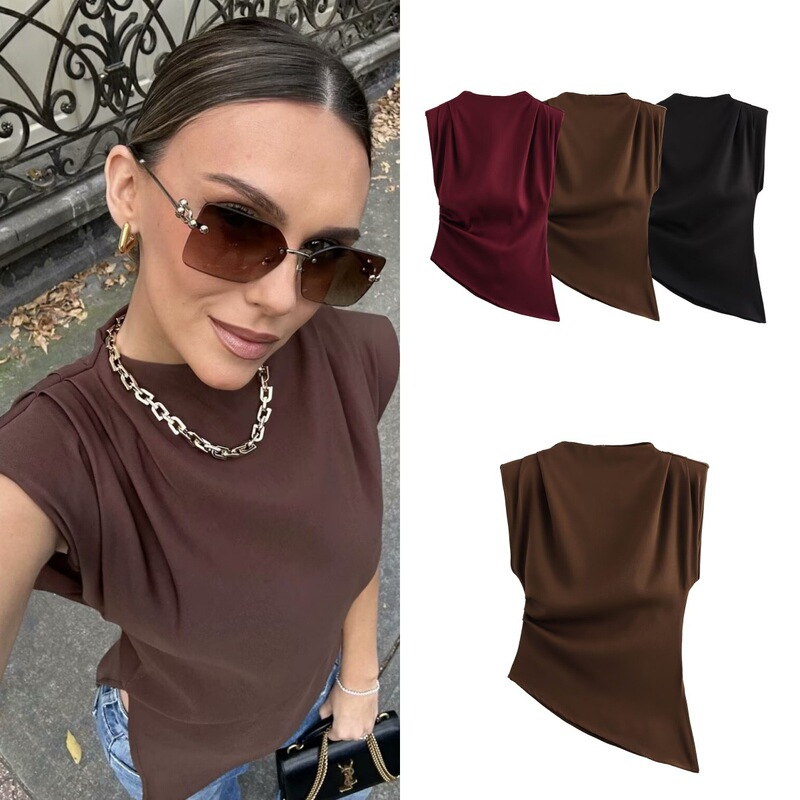 Cross-border European and American fashion three-color pleated decorative shoulder pad pullover sleeveless top 2025 spring new B88795