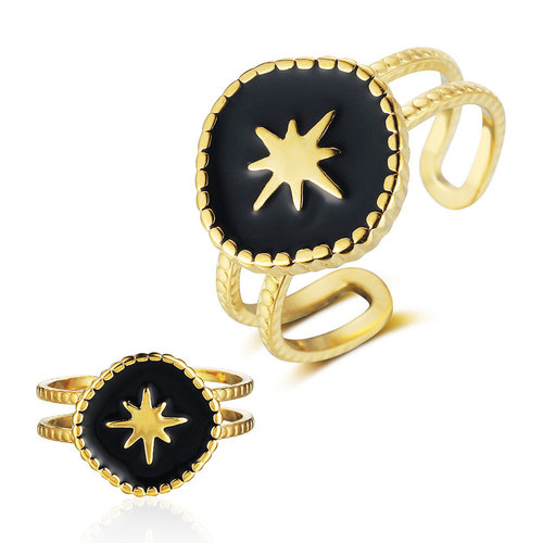 Qizhu Geometric Flower Turquoise Titanium Steel Ring Light Luxury Jewelry Oil Drop Cross Glass Crystal Open Ring