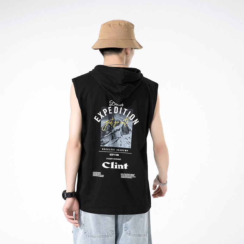 T-shirt canotta in puro cotone di marca trendy per l'estate 2023 senza maniche da uomo con top sportivo con cappuccio per uomo_voghion.com