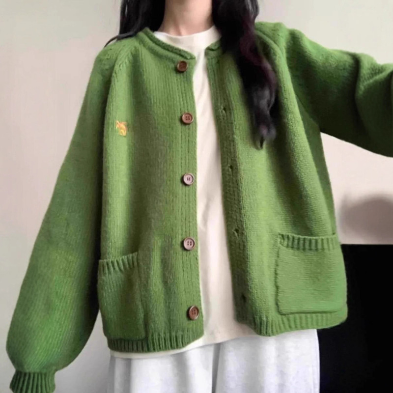 绿色慵懒风毛衣外套女2025新款美式复古春秋款外穿针织开衫上衣潮|undefined