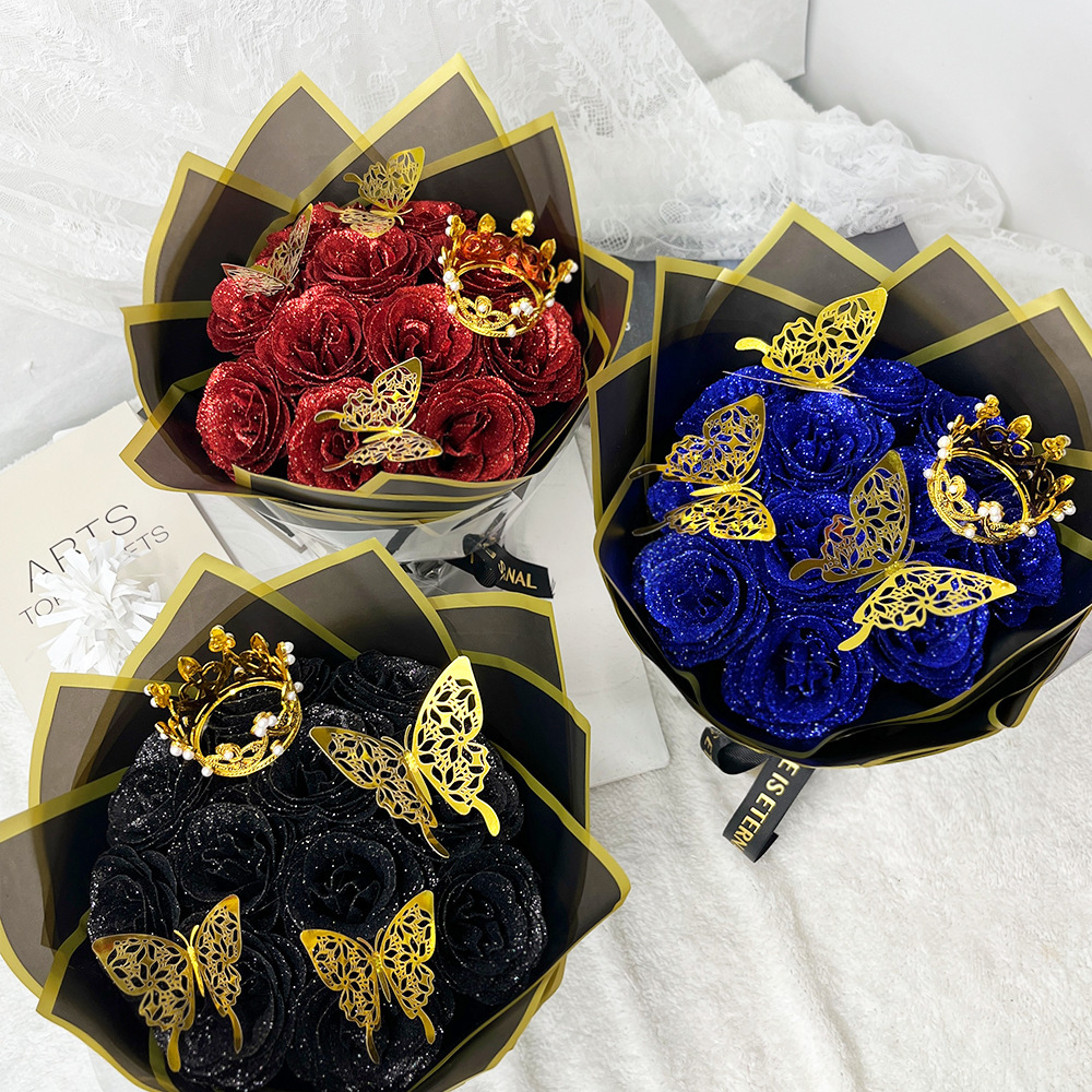 Festival Gifts Christmas Butterfly Crown 24 Glitter Rose Gold Powder Bouquet Artificial Rose DIY Wrapping Paper Valentine's Day Gift_voghion.com