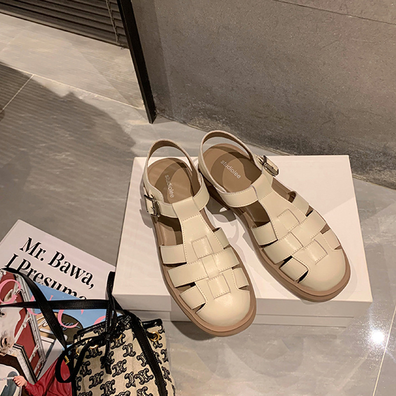 2024 verano nuevo estilo sandalias romanas retro tejido Baotou tacón grueso plataforma retro sandalias romanas planas mujeres