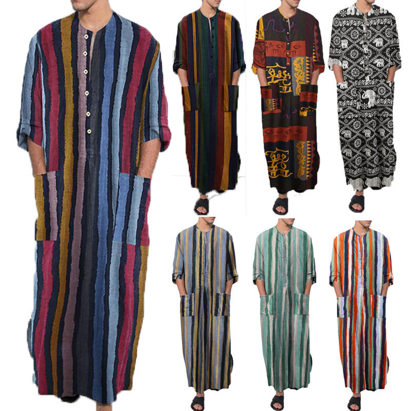 Foreign Trade Spring and Summer New Fashion Long-Sleeved One-Piece Traditional Style Men's Clothing Striped Printed Men's Robe Foreign Trade Spring and Summer New Fashion Long-Sleeved One-Piece Traditional Style Men's Clothing Striped Printed Men's Robe