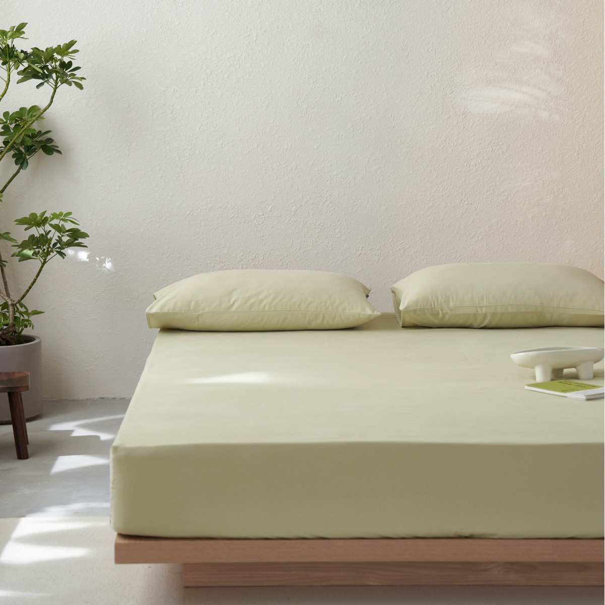 Juego de Ropa de Cama de Algodón Cepillado de Color Sólido, Estilo Japonés, Color Crema, Sábanas Ajustables de Algodón Puro, Juego de Tres Piezas.