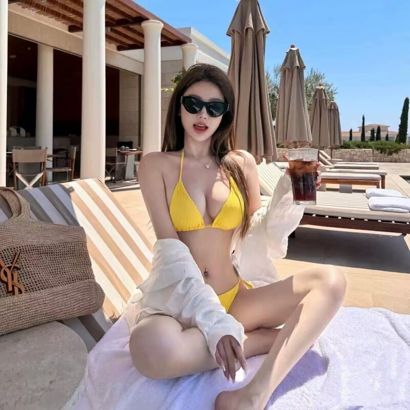 Summer Spice Girls Niche Bikini Yellow Bright White Sexy Split Strap Backless Seaside Holiday Swimsuit Women