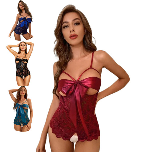 Foreign trade European and American sexy lingerie new sexy transparent lace temptation exposed breasts open crotch free one-piece bodysuit for delivery