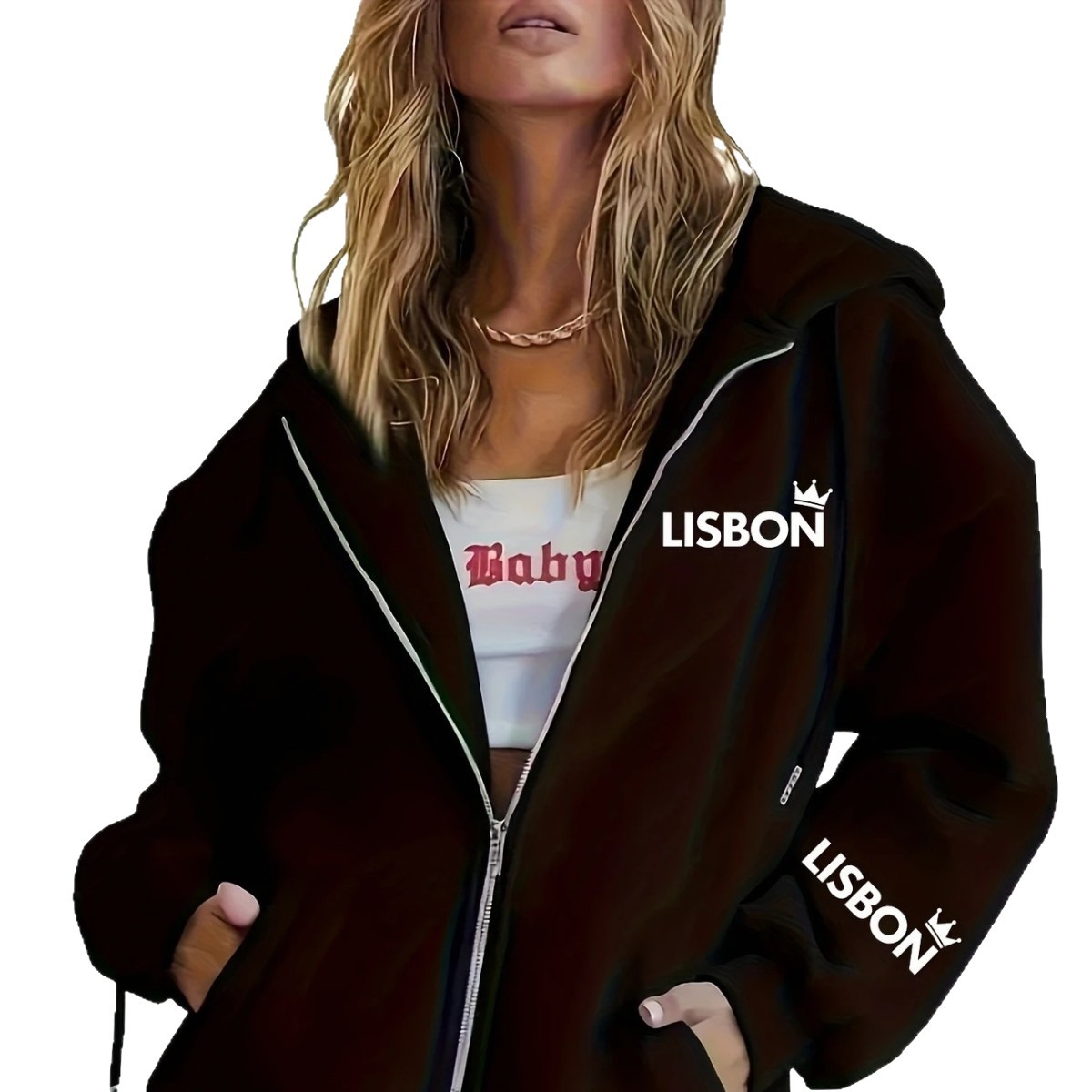 Gilet cardigan zippé pour femme, imprimé, style décontracté et sportif, collection 2025, référence 5046._voghion.com