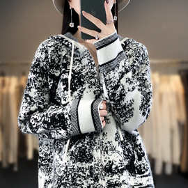 2023秋冬新款100羊毛衫女装拉链连帽卫衣水墨画毛衣外套开衫