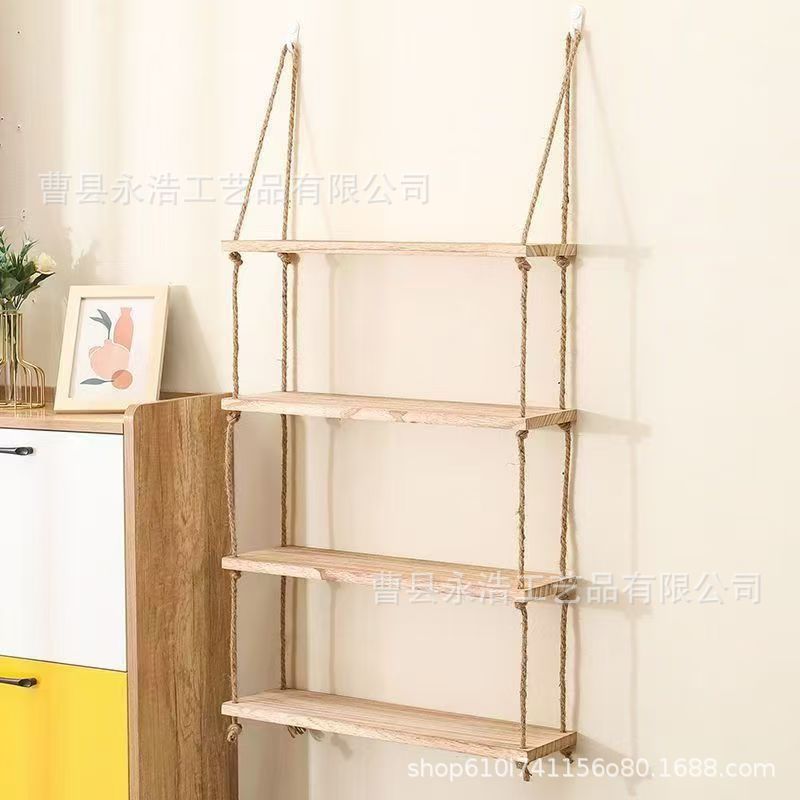 4단 나무색 대마줄 칸막이 수납선반