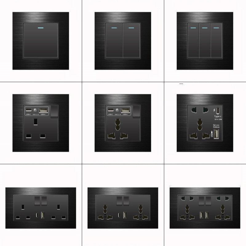 Hong Kong and Macao version 13A British socket with USB fast charge type-c British standard square foot gray metal aluminum brushed panel Hong Kong and Macao version 13A British socket with USB fast charge type-c British standard square foot gray metal aluminum brushed panel