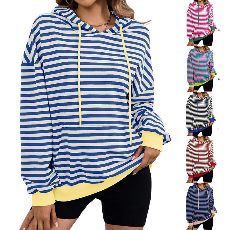 Autumn And Winter Printed Striped Hooded Color Block Pocket Sweatshirt_voghion.com
