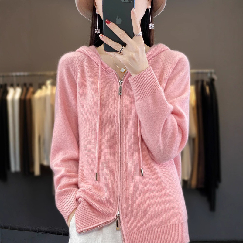 2024 New Autumn and Winter Knitted Knitwear Cardigan Korean Style Women's Blended Wool Hoodie Double Zipper Hooded Knitwear Jacket