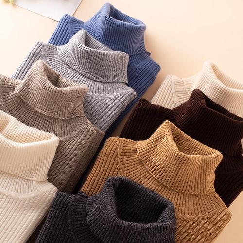 Women's 2025 Fall/Winter Thickened Wool Sweater: High-Neck Ribbed Pullover with Short Turn-Down Collar, Fitted Knit Base Layer