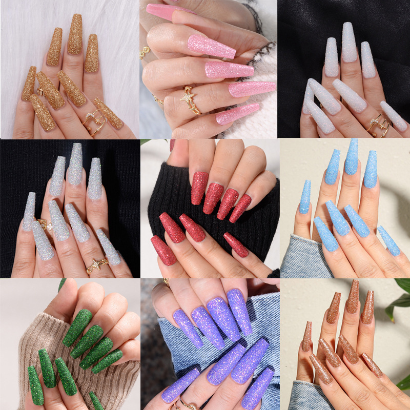 Wear a long broken diamond powder burst flash nail piece fake nail nail patch Europe and the United States solid color nail piece finished wholesale