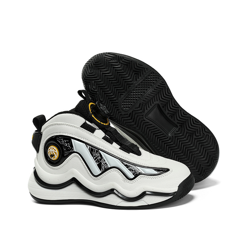 Zapatillas de baloncesto altas para niños, zapatos para niños con botones giratorios para niños, zapatillas de deporte antideslizantes para niños de mediana edad, estilo de cuero de otoño