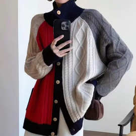 韩系小众设计感拼色麻花100羊毛开衫女春春秋中长款半高领毛衣外