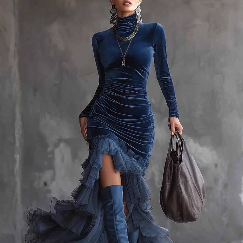 2026 European and American retro high-neck velvet dress with ruched waist, irregular mesh ruffle fishtail gown long dress
