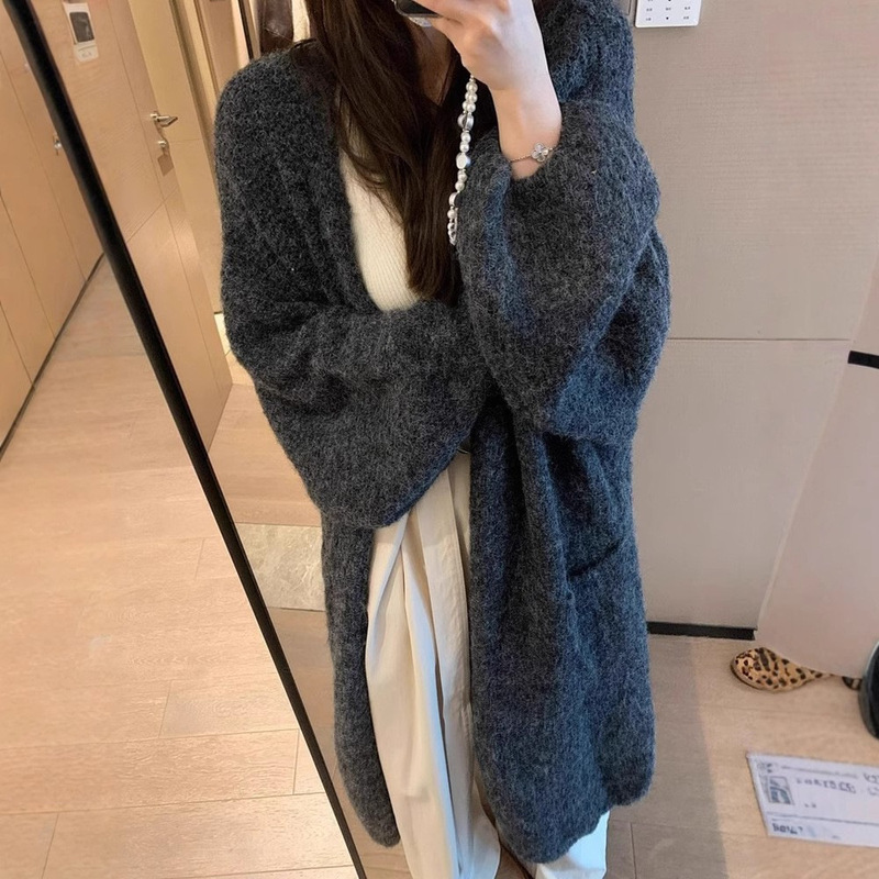 韓国スタイルのレイジースタイルのロングセーターコート女性の秋と冬の新しいルーズハイエンド厚みのあるニットカーディガンコート|undefined