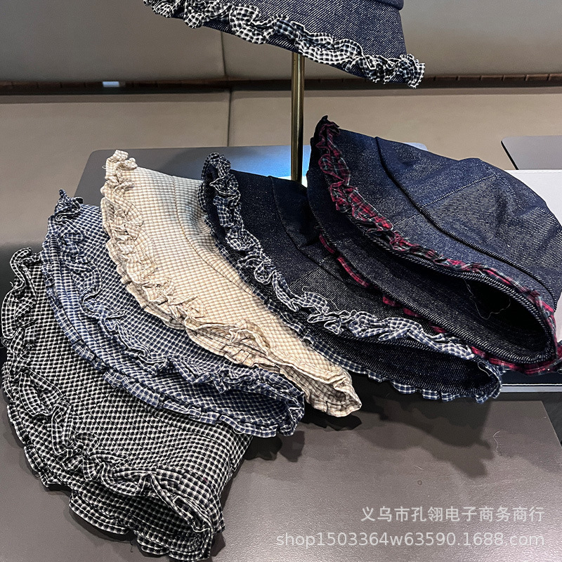 2025新款日系文艺复古格子渔夫帽女秋冬季小众设计感牛仔花边盆帽|undefined
