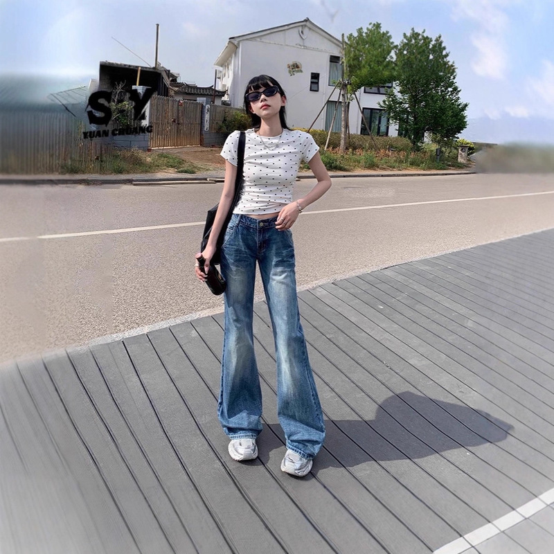 American Retro Low-Rise Flared Jeans for Women 2025 Autumn Crack Design Drapey Wide-Leg Pants