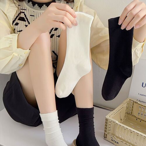 White unboned postpartum socks, women's mid-calf socks, pure cotton, trendy, soft and fluffy, loose mouth long socks, black, puffy socks