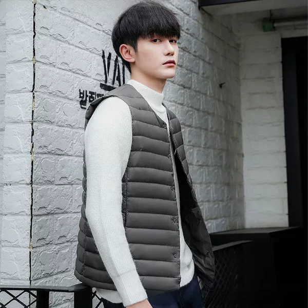 Down Vest Men's Collarless Inner Liner Autumn and Winter Light down Jacket Vest Youth Large Size Waistcoat Round Neck V Neck
