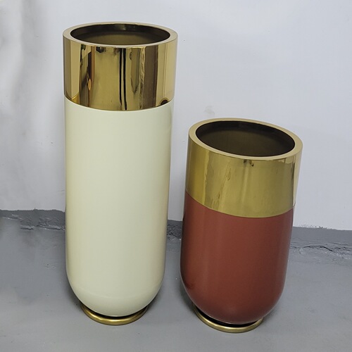 Gold-plated round drum-shaped stainless steel planter pot vessel European and American gold hotel planter production