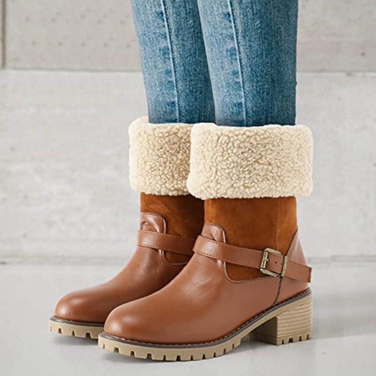 Women's Shoes new short boots women's boots mid tube thick heels high heels suede snow boots belt buckle large size women's cotton boots_voghion.com