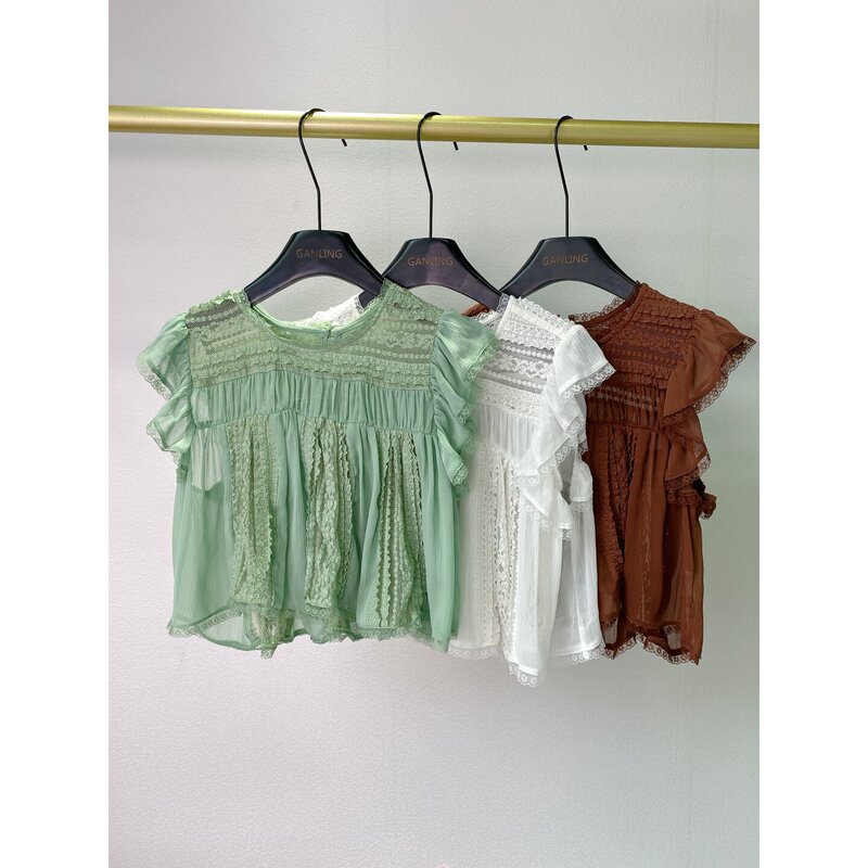 Gentle and Fresh~3-Color Lace Patchwork Ruffled Puff Sleeve Shirt for Women, Green Sweet Babydoll Top for Summer Gentle and Fresh~3-Color Lace Patchwork Ruffled Puff Sleeve Shirt for Women, Green Sweet Babydoll Top for Summer