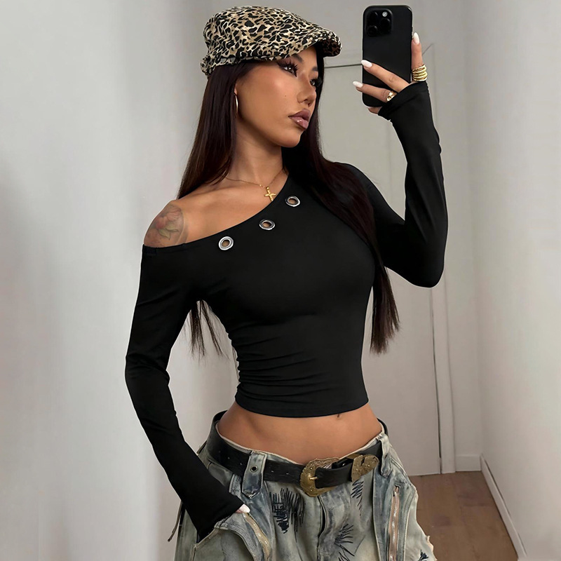 European and American Style 2026 Spring Amazon New Model Diagonal Collar Off-Shoulder Eyelet Solid Color Cropped Pullover Long-Sleeve T-Shirt