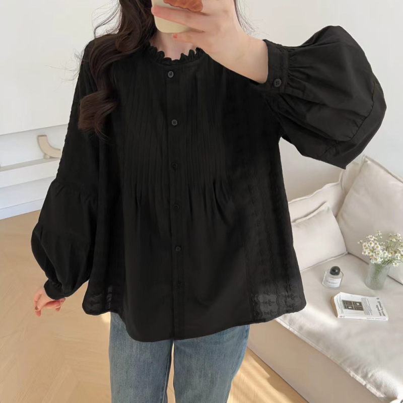 绣花白衬衫女长袖春秋女装新款设计感风琴褶上衣木耳领衬衣|undefined