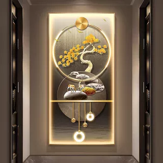 轻奢发财树入户玄关装饰画走廊尽头LED灯光挂画正对门背景墙壁画