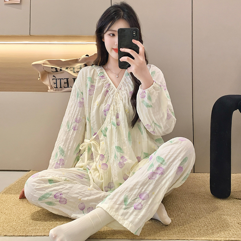 高級感雲綿月子服パジャマ女性春夏長袖産婦産後授乳家庭服セット