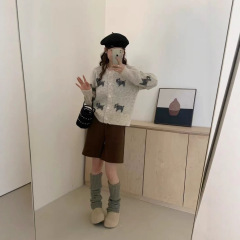 韩系慵懒风小狗提花针织开衫女秋冬新款宽松设计感超好看毛衣外套