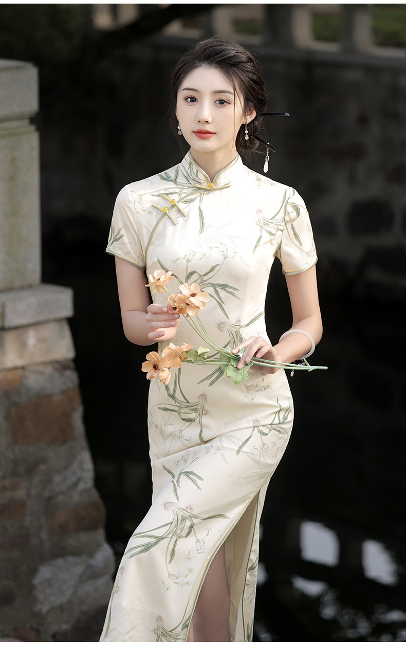 New Chinese-style Elegant Improved Cheongsam Dress For Women, Summer New Design With Buttons, Slit, And Printed Pattern_ecoleips.com