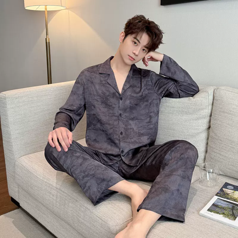 春秋丝绸男士睡衣冰丝薄款套装高级感轻奢居家服大码可外穿家居服