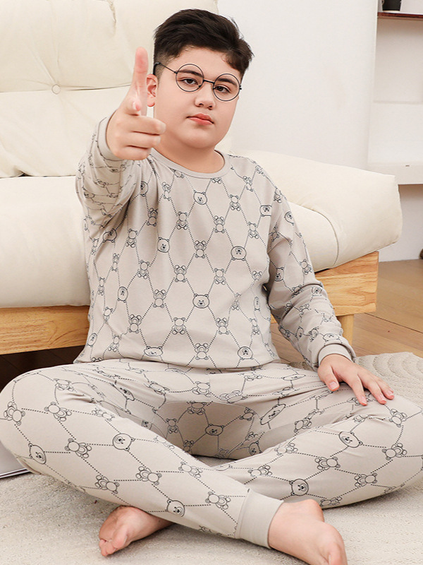 胖童秋衣秋裤男童加肥加大青少年纯棉大男孩睡衣儿童保暖内衣套装|undefined