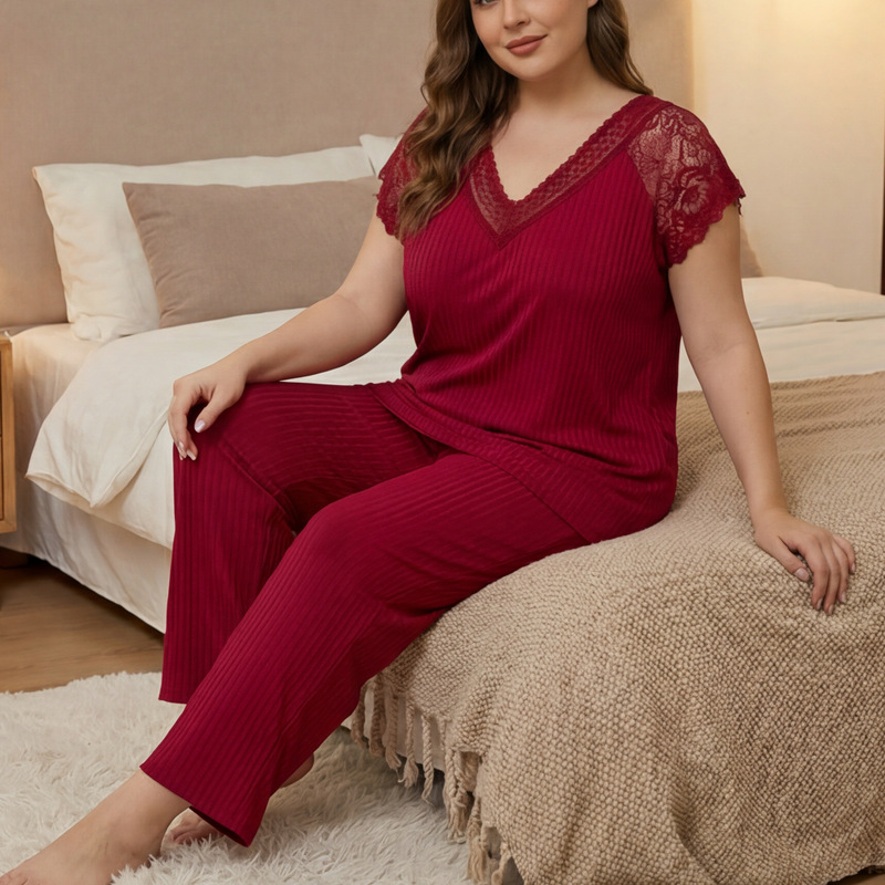 Customized plus-size women's summer pajamas, high-end home wear, sexy lace short-sleeve pajamas, European and American cross-border bestseller Customized plus-size women's summer pajamas, high-end home wear, sexy lace short-sleeve pajamas, European and American cross-border bestseller