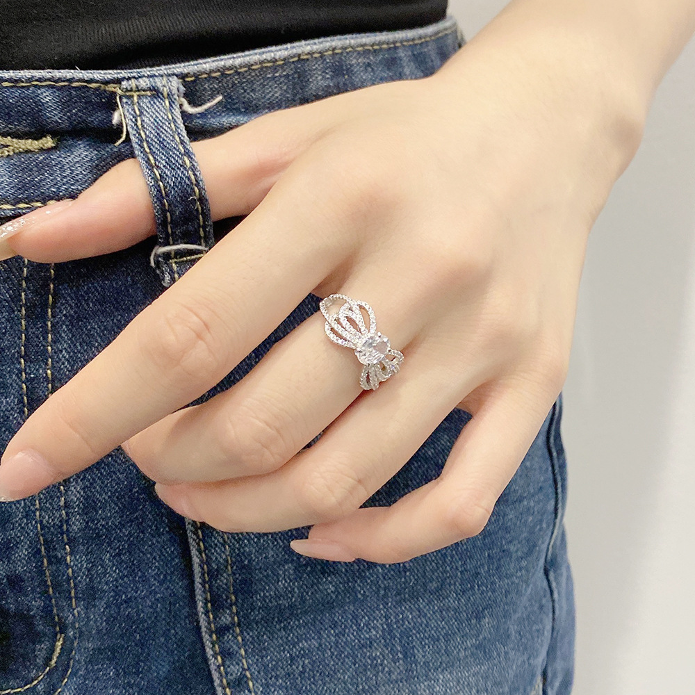 Fashion Bow Knot Sterling Silver Inlay Zircon Rings 1 Piece