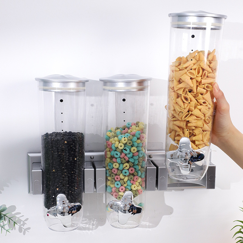 Nueva tarro de almacenamiento de múltiples granos Cocina snack tarro de almacenamiento de alimentos tarro sellado máquina de trigo de Tres barriles montada en la pared