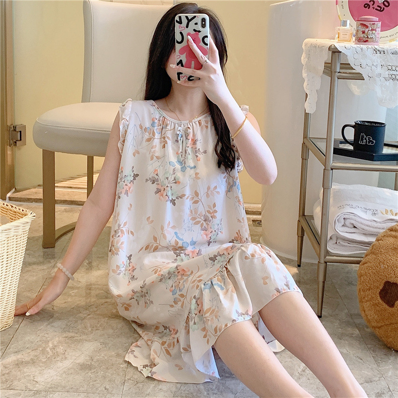 2025新款人造棉睡裙女夏季薄款绵绸印花孕妇可外穿长裙家居服|undefined