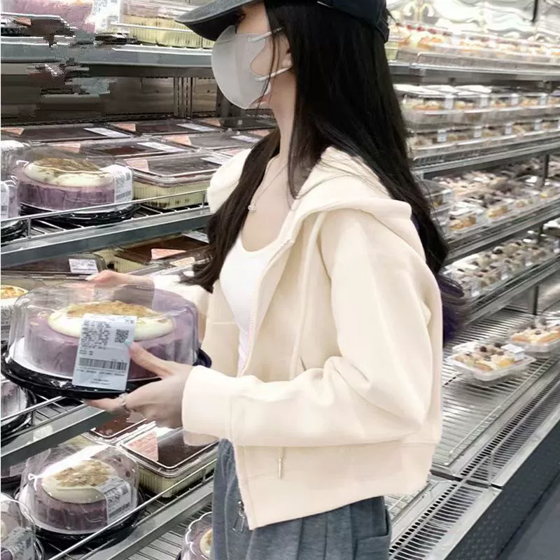 Весенне-осенний новый свободный топ с капюшоном, тонкая толстовка, куртка, корейская версия, однотонный кардиган, миниатюрный универсальный короткий повседневный