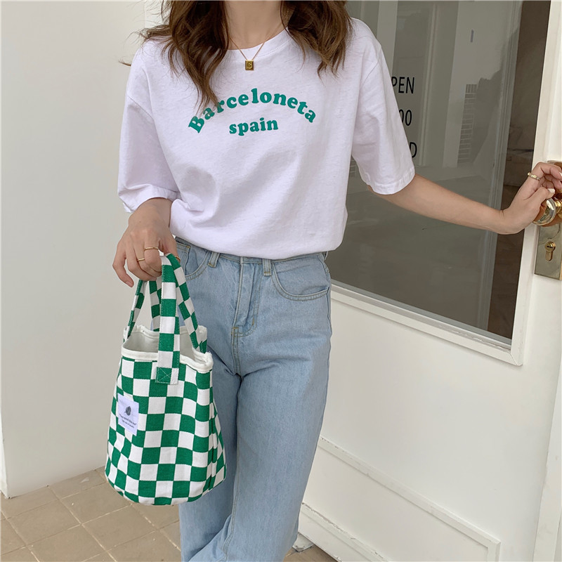 【 In Stock 】18181 checkerboard green checkered canvas bag, school-style commuter single-shoulder bag, retro hand-held tote bag undefined