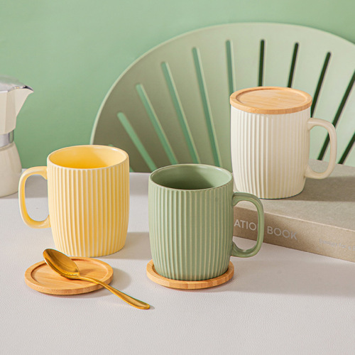 Color glazed ceramic vertical pattern mug, fresh and simple vertical pattern breakfast cup with lid, office coffee cup and water cup
