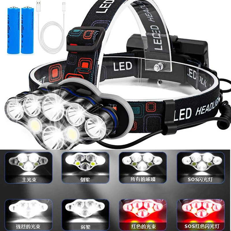 Трансграничный Новый светодиодный Спортивный Держатель для лампы 6 T6 COB 8 ядерное освещение литиевая батарея USB перезаряжаемая сильная световая фара