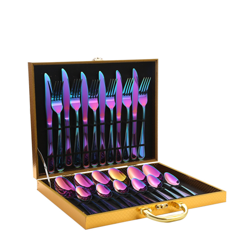Cuchillo y tenedor de acero inoxidable cuchillo y cuchara de venta transfronteriza conjuntos de 24 piezas conjuntos de doble línea de suministros de hotel caja de regalo conjuntos de cubiertos