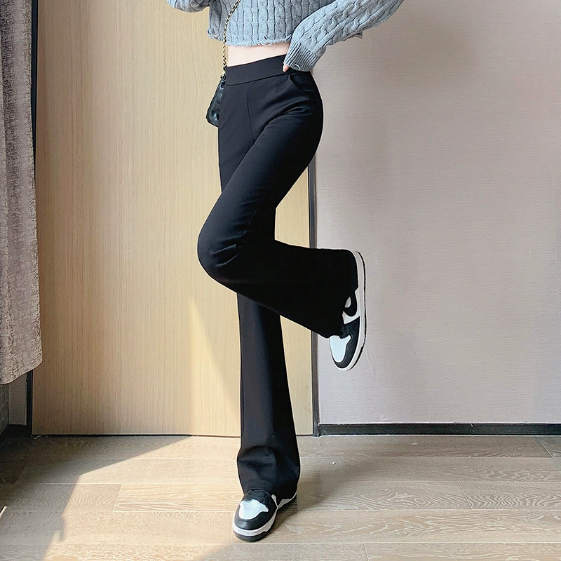 【Брюки-клеш на длинных штанинах】Осенне-зимние черные брюки из смесового хлопка, не скатывающиеся, повседневные эластичные расклешенные длинные брюки в стиле casual.